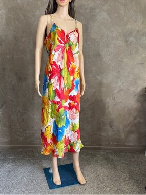 Natori Designer Red Blue Yellow Floral Slip Dress Maxi Midi Dress Sz L